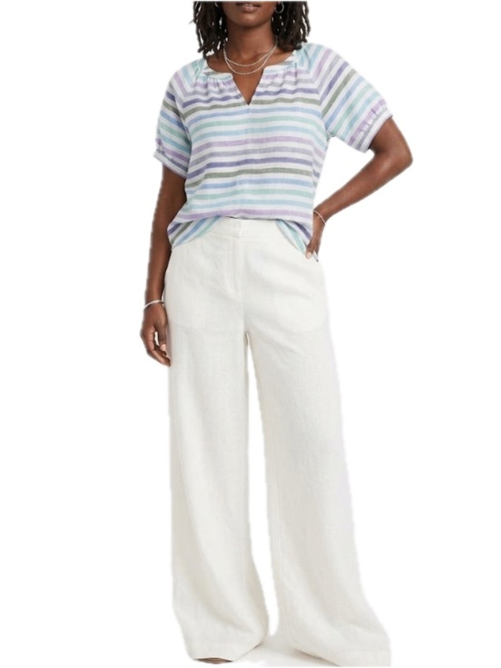 TALBOTS 100% Linen Striped Popover Blouse Rockport Stripe Coastal Top Medium EUC